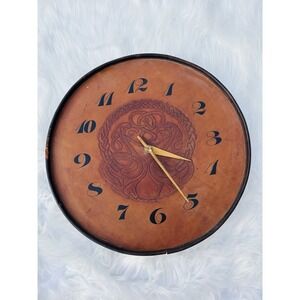 Vintage‎ Unique Leather Arts & Crafts Clock Hand Crafted Craftsman Style Large